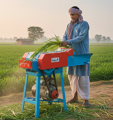 farmer cutting charff with machine